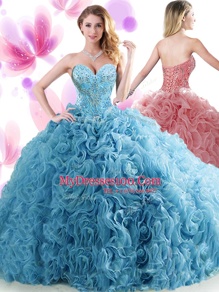 Exceptional Sleeveless Beading and Ruffles Lace Up Sweet 16 Quinceanera Dress with Blue Brush Train