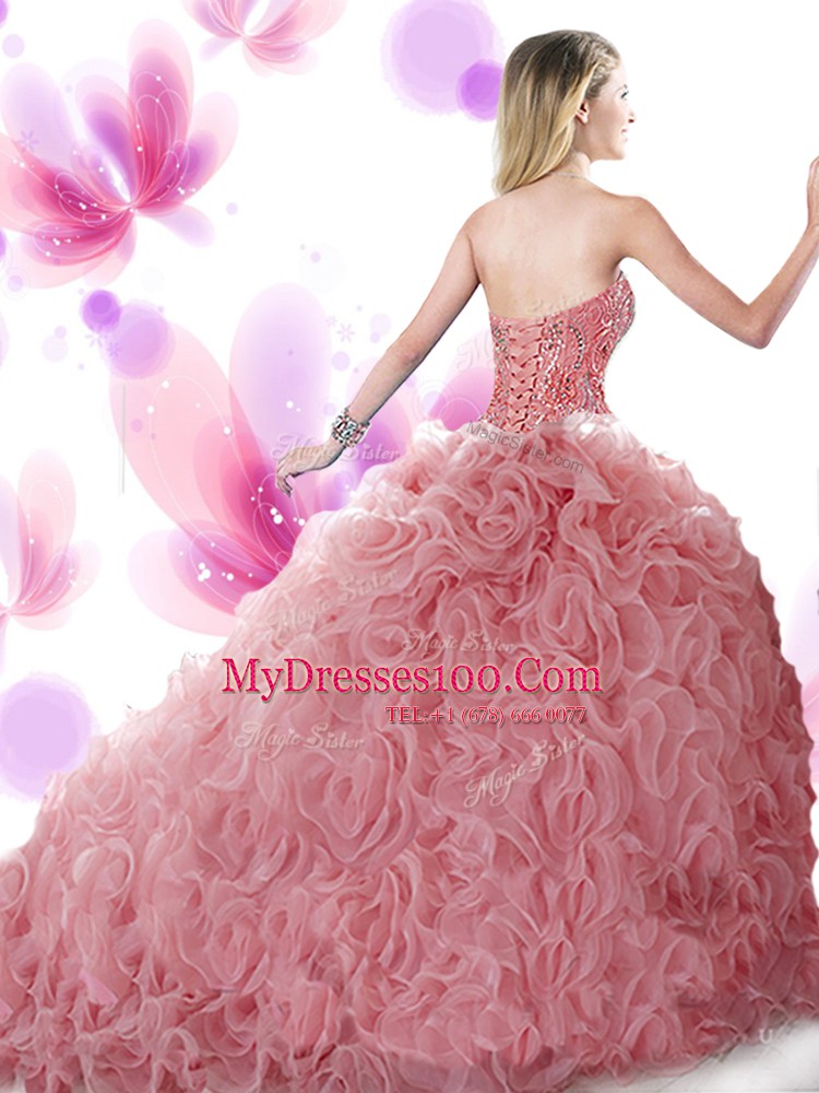 Exceptional Sleeveless Beading and Ruffles Lace Up Sweet 16 Quinceanera Dress with Blue Brush Train