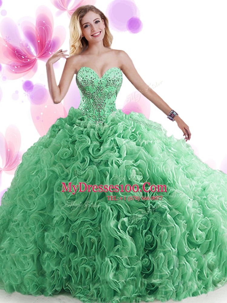 Exceptional Sleeveless Beading and Ruffles Lace Up Sweet 16 Quinceanera Dress with Blue Brush Train