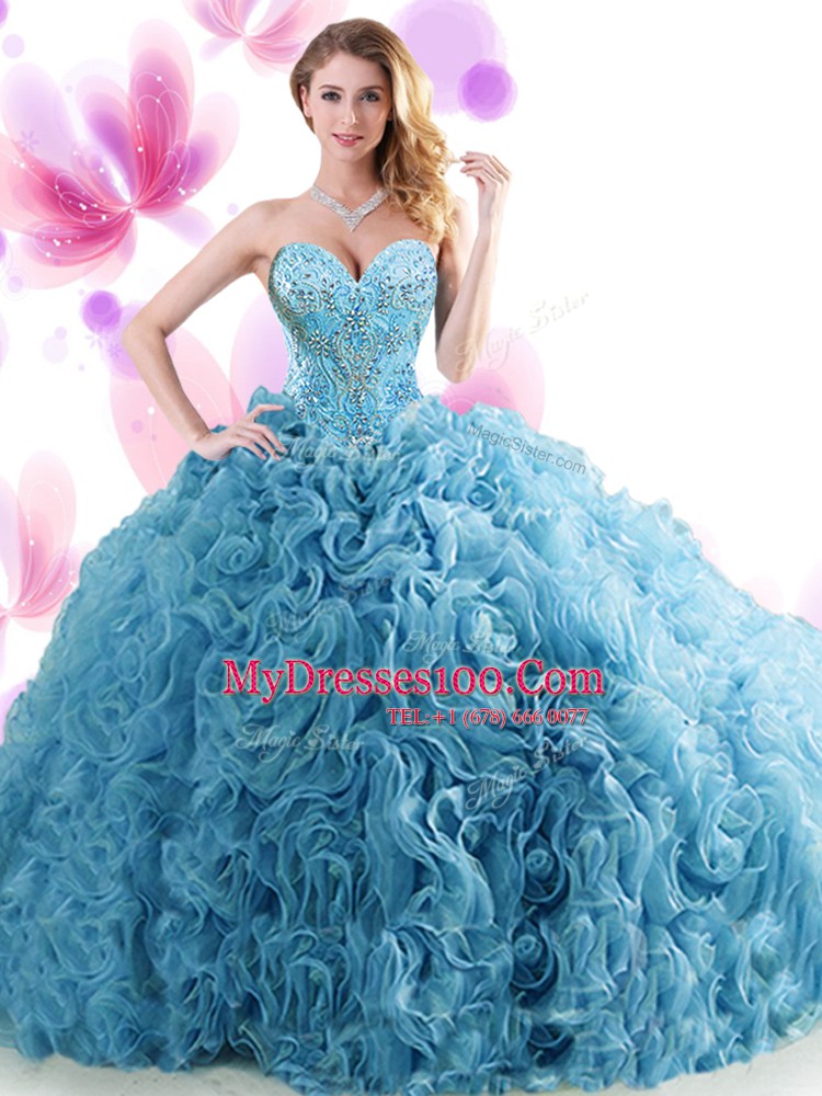 Exceptional Sleeveless Beading and Ruffles Lace Up Sweet 16 Quinceanera Dress with Blue Brush Train