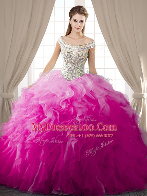 Ball Gowns Quinceanera Gowns Fuchsia Off The Shoulder Organza Sleeveless Floor Length Lace Up