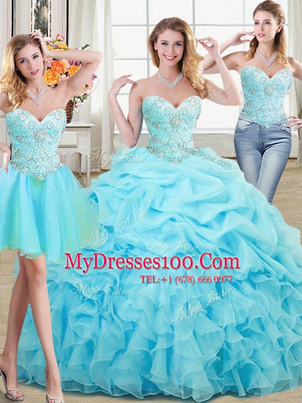 Three Piece Floor Length Lace Up Sweet 16 Quinceanera Dress Aqua Blue for Military Ball and Sweet 16 and Quinceanera with Beading and Ruffles and Pick Ups