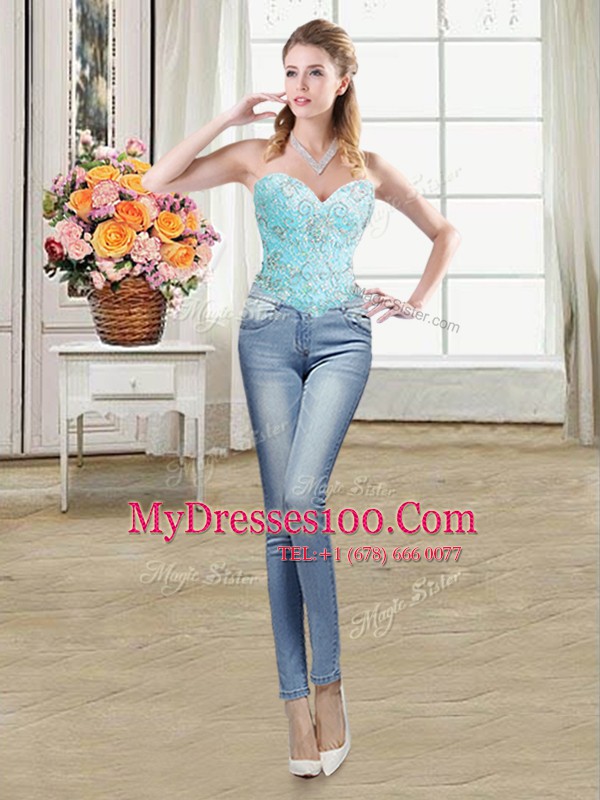 Three Piece Floor Length Lace Up Sweet 16 Quinceanera Dress Aqua Blue for Military Ball and Sweet 16 and Quinceanera with Beading and Ruffles and Pick Ups