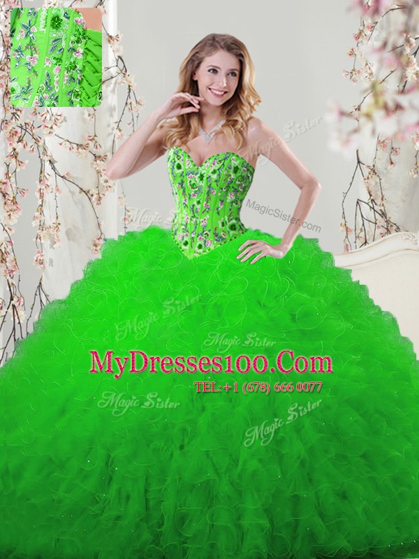Best Selling Sleeveless Embroidery and Ruffles Floor Length Quince Ball Gowns