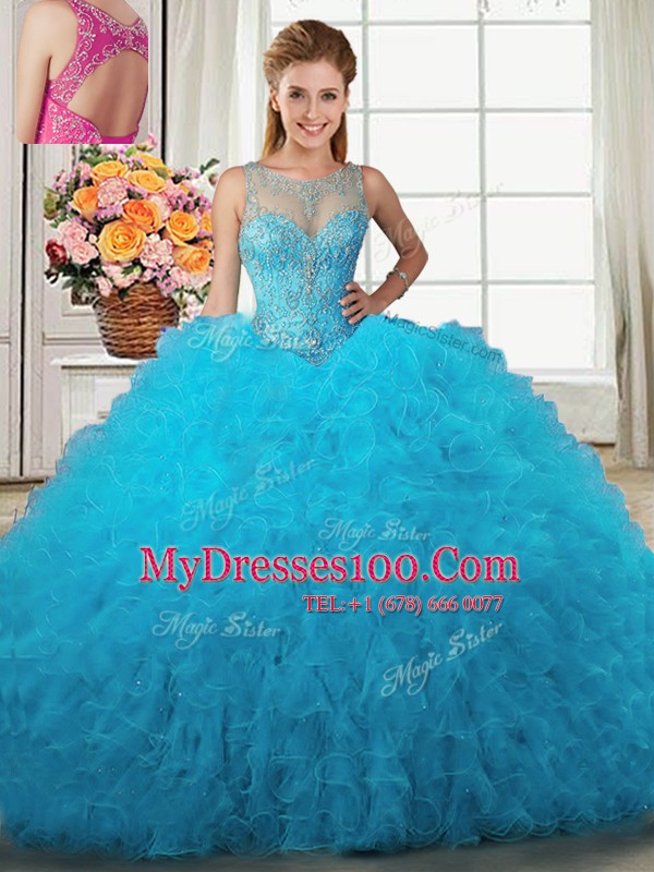 Elegant Four Piece Scoop Sleeveless Quinceanera Gowns Floor Length Beading and Ruffles Baby Blue Tulle