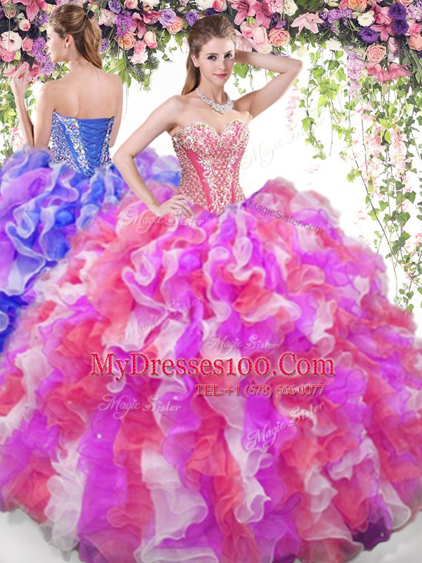 Graceful Sweetheart Sleeveless Lace Up Quinceanera Gown Multi-color Organza