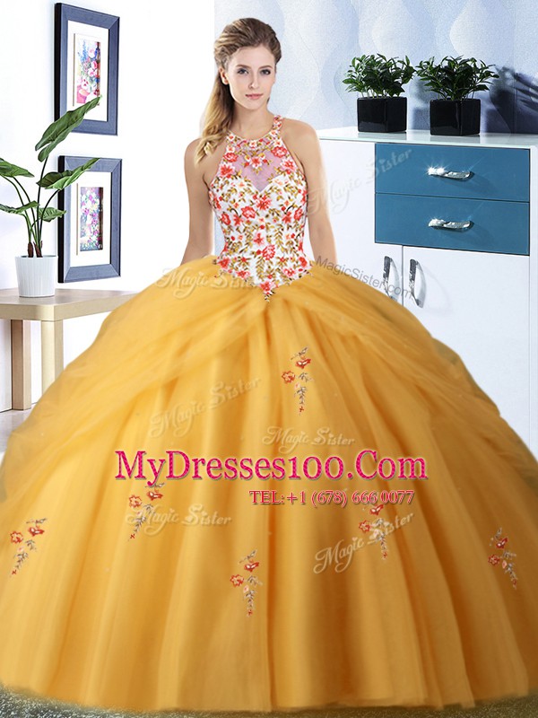 Halter Top Tulle Sleeveless Floor Length 15th Birthday Dress and Embroidery and Pick Ups
