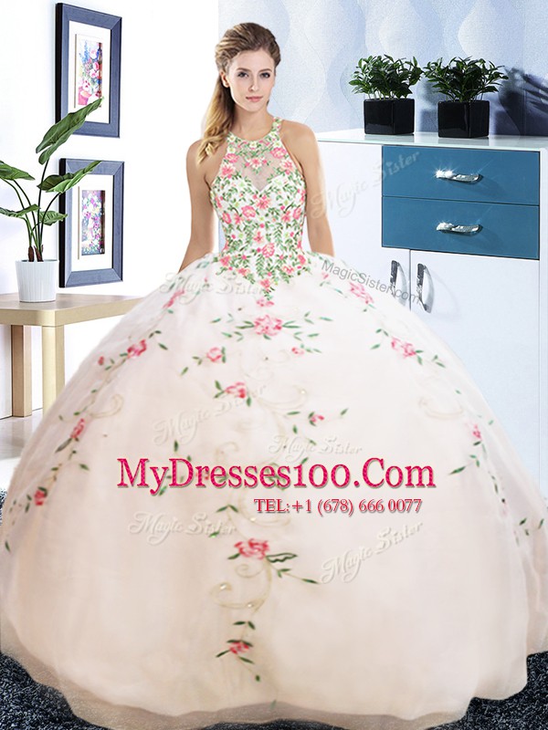 White Lace Up Halter Top Embroidery 15th Birthday Dress Organza Sleeveless