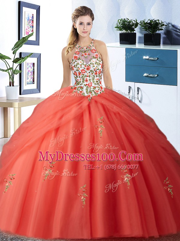 Romantic Pick Ups Ball Gowns Vestidos de Quinceanera Orange Red Halter Top Tulle Sleeveless Floor Length Lace Up