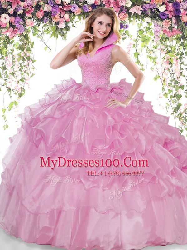 Backless Floor Length Lilac Sweet 16 Dress Organza Sleeveless Beading and Ruffled Layers