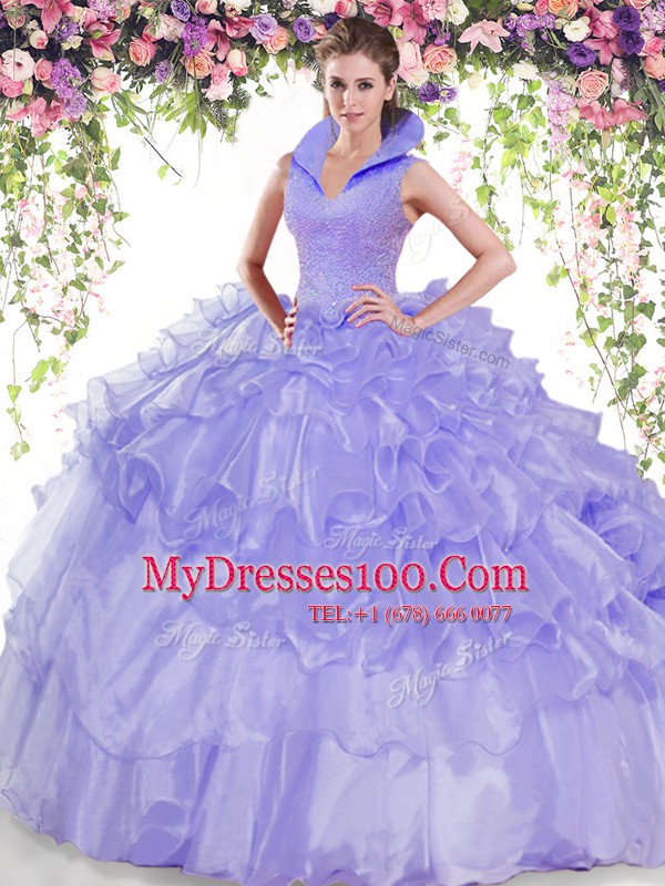 Lovely Lavender Backless High-neck Beading and Ruffled Layers 15th Birthday Dress Organza Sleeveless