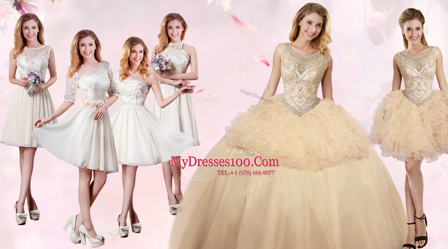 Luxurious Scoop Sleeveless Lace Up 15 Quinceanera Dress Champagne Organza and Tulle