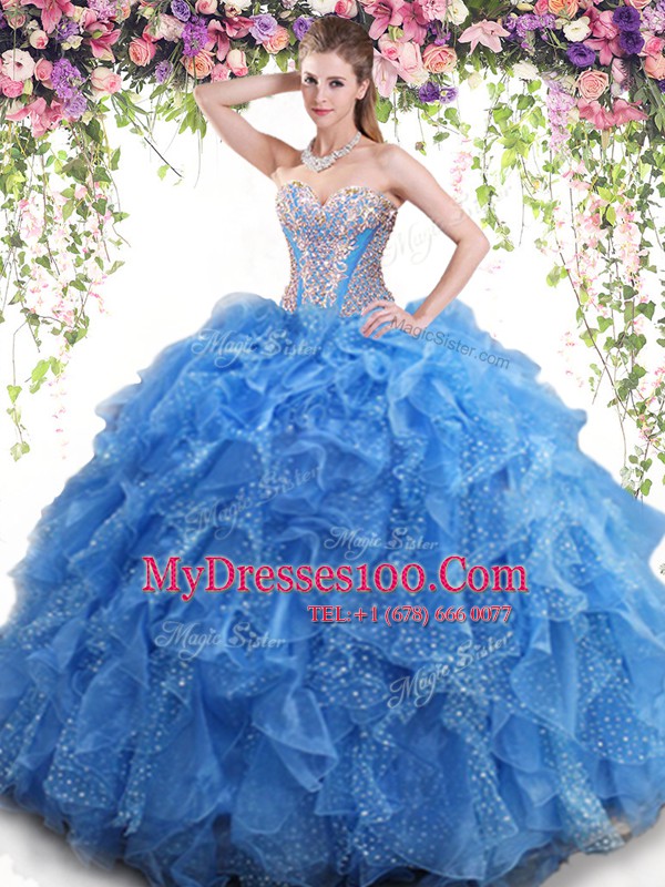 Aqua Blue Mermaid Sweetheart Sleeveless Organza Floor Length Lace Up Beading and Ruffles Quinceanera Gown