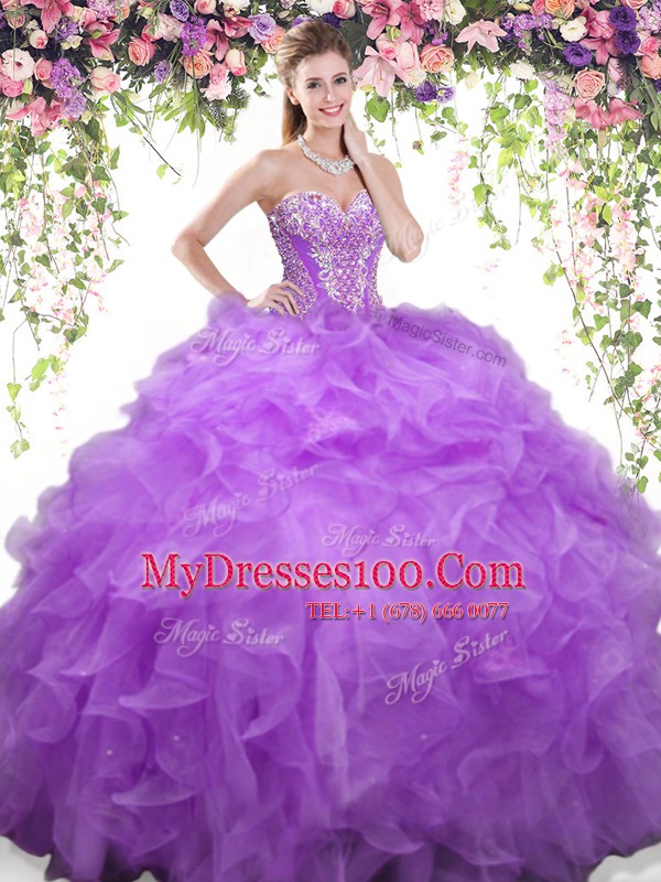 Lavender Lace Up Sweetheart Beading and Ruffles Quinceanera Gowns Organza Sleeveless