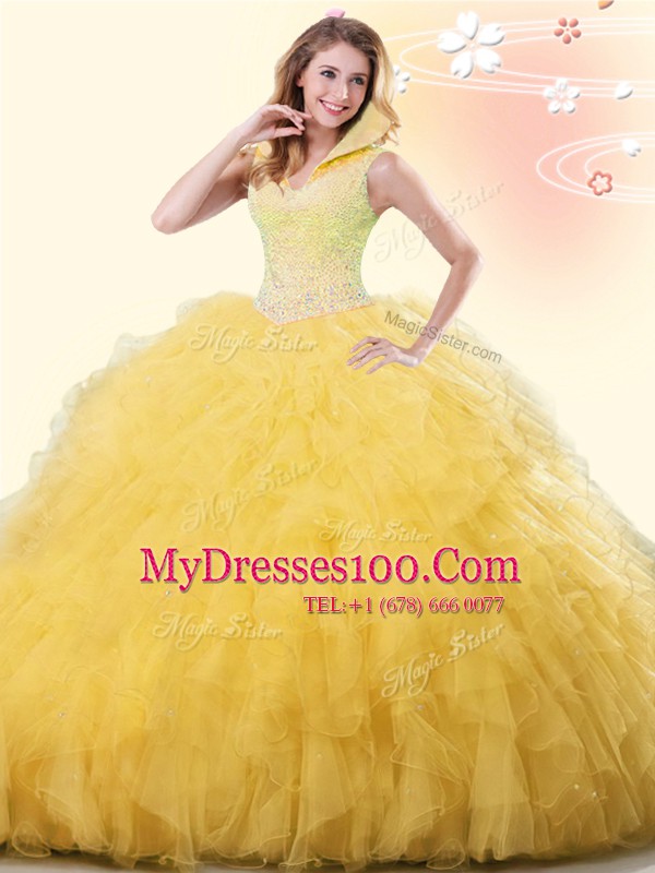 Sleeveless Backless Floor Length Beading and Ruffles Quince Ball Gowns