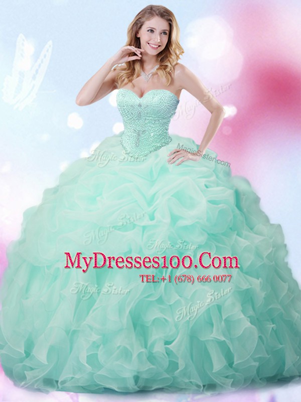 With Train Lace Up Quinceanera Dress Apple Green for Military Ball and Sweet 16 and Quinceanera with Beading and Ruffles and Pick Ups Brush Train