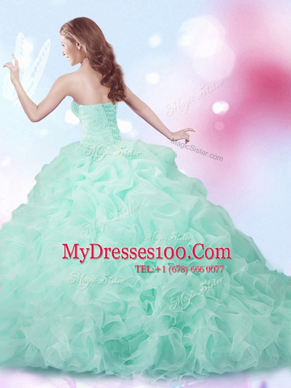 With Train Lace Up Quinceanera Dress Apple Green for Military Ball and Sweet 16 and Quinceanera with Beading and Ruffles and Pick Ups Brush Train