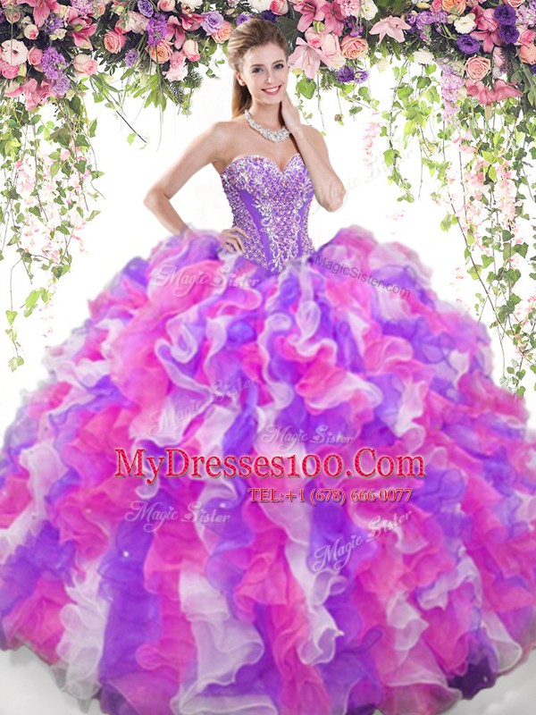 Multi-color Organza Lace Up Sweetheart Sleeveless Floor Length Quinceanera Gowns Beading and Ruffles