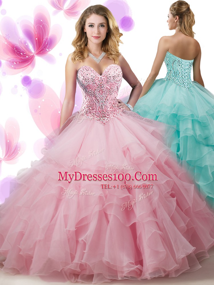 Vintage Ruffled Sweetheart Sleeveless Lace Up Quinceanera Gowns Pink Organza