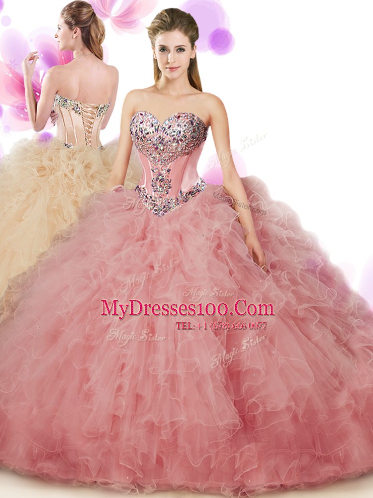 Sweetheart Sleeveless Vestidos de Quinceanera Floor Length Beading and Ruffles Peach Tulle