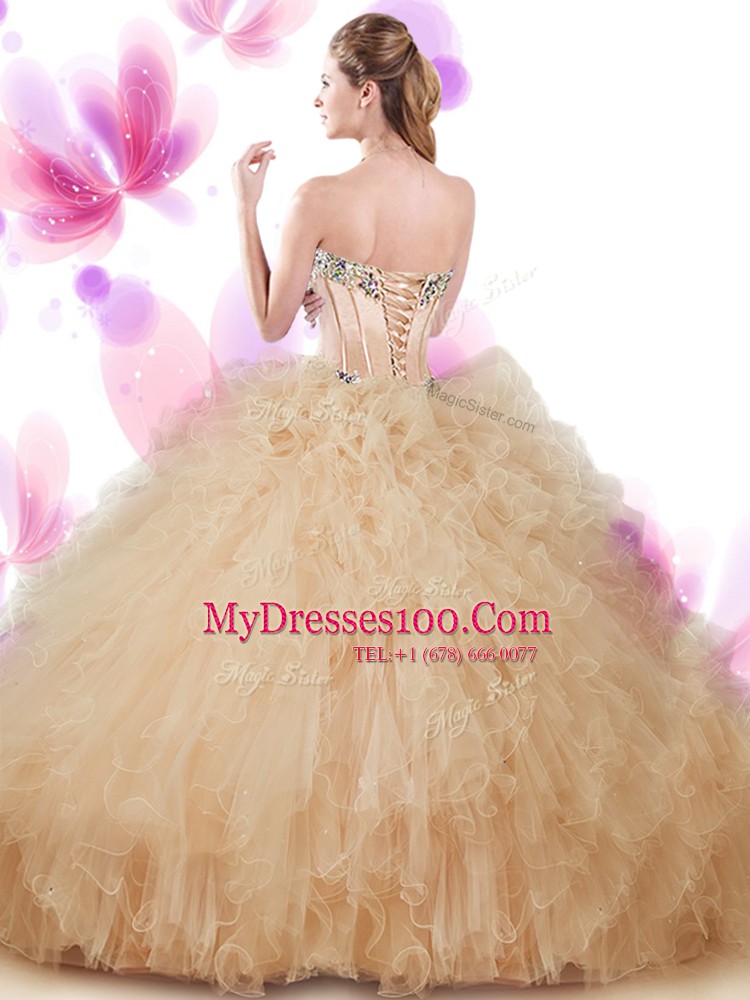 Sweetheart Sleeveless Vestidos de Quinceanera Floor Length Beading and Ruffles Peach Tulle