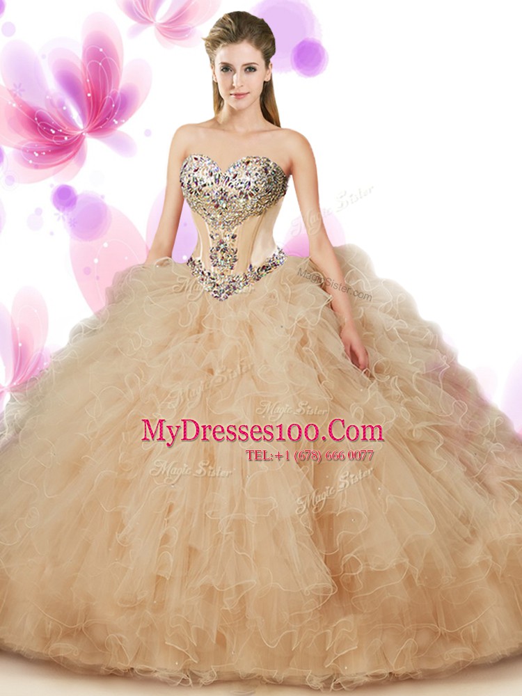Sweetheart Sleeveless Vestidos de Quinceanera Floor Length Beading and Ruffles Peach Tulle