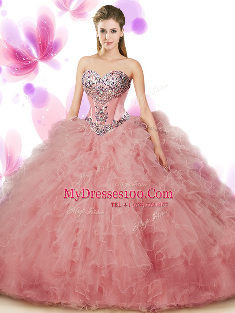 Sweetheart Sleeveless Vestidos de Quinceanera Floor Length Beading and Ruffles Peach Tulle