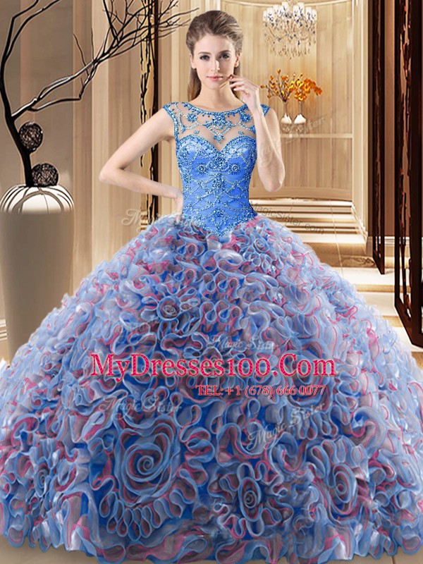 Scoop Sleeveless Brush Train Beading Lace Up Quince Ball Gowns