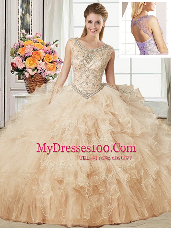 Four Piece Scoop Champagne Sleeveless Beading and Ruffles Floor Length Sweet 16 Dress