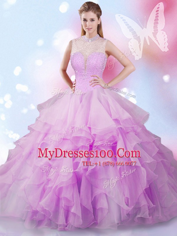 Excellent Floor Length Lilac Quinceanera Dress Tulle Sleeveless Beading and Ruffles