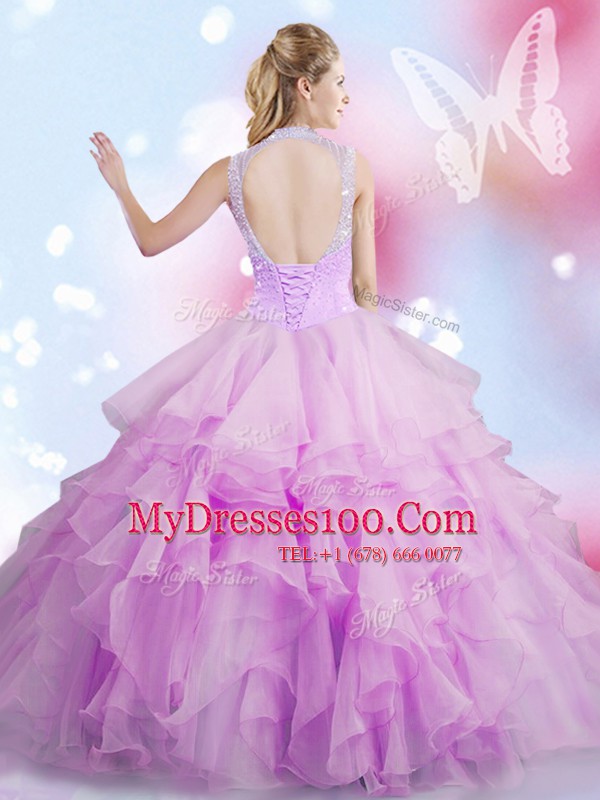 Excellent Floor Length Lilac Quinceanera Dress Tulle Sleeveless Beading and Ruffles