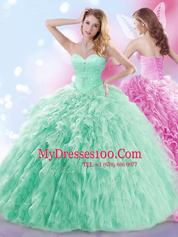 Apple Green Sleeveless Tulle Brush Train Lace Up Ball Gown Prom Dress for Military Ball and Sweet 16 and Quinceanera