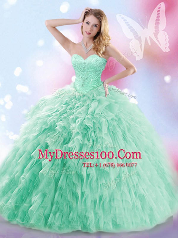 Apple Green Sleeveless Tulle Brush Train Lace Up Ball Gown Prom Dress for Military Ball and Sweet 16 and Quinceanera