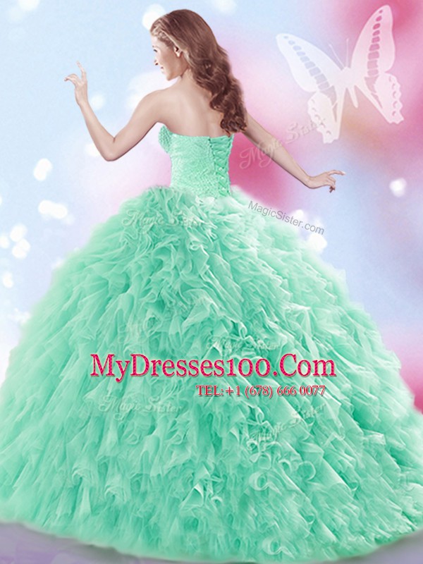 Apple Green Sleeveless Tulle Brush Train Lace Up Ball Gown Prom Dress for Military Ball and Sweet 16 and Quinceanera