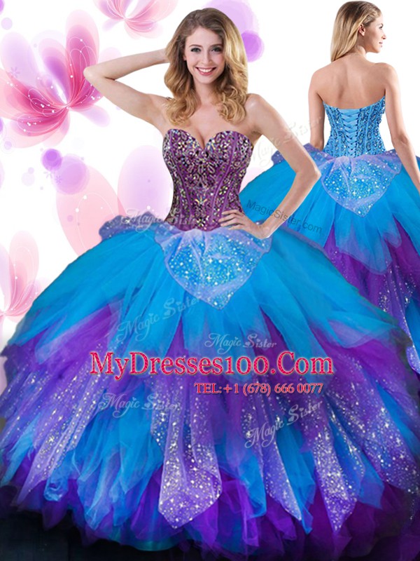 On Sale Multi-color Tulle Lace Up Sweetheart Sleeveless Floor Length Quinceanera Gowns Beading and Ruffled Layers