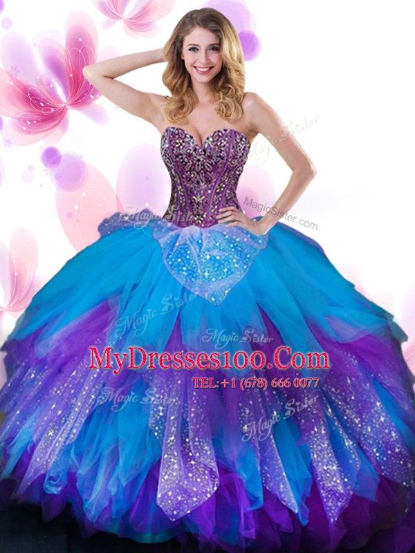 On Sale Multi-color Tulle Lace Up Sweetheart Sleeveless Floor Length Quinceanera Gowns Beading and Ruffled Layers