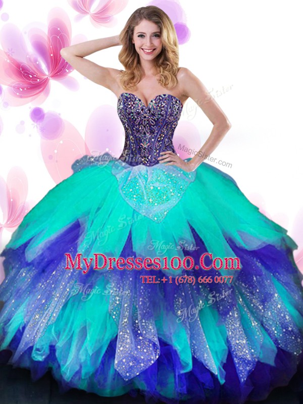 On Sale Multi-color Tulle Lace Up Sweetheart Sleeveless Floor Length Quinceanera Gowns Beading and Ruffled Layers
