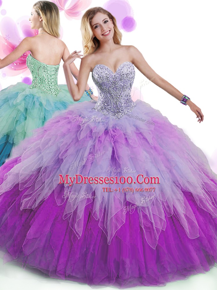 Multi-color Sleeveless Tulle Lace Up Quince Ball Gowns for Military Ball and Sweet 16 and Quinceanera