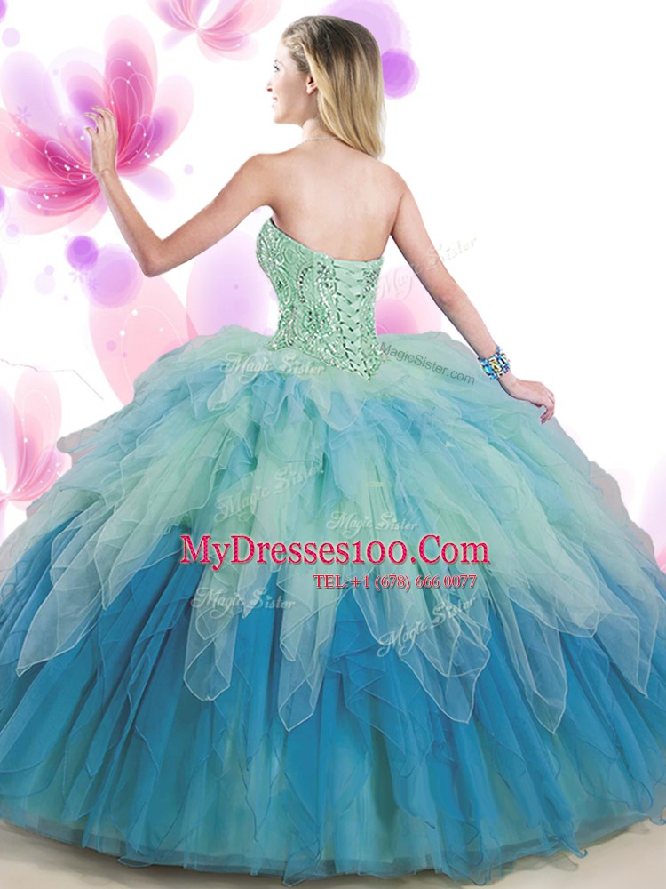 Multi-color Sleeveless Tulle Lace Up Quince Ball Gowns for Military Ball and Sweet 16 and Quinceanera