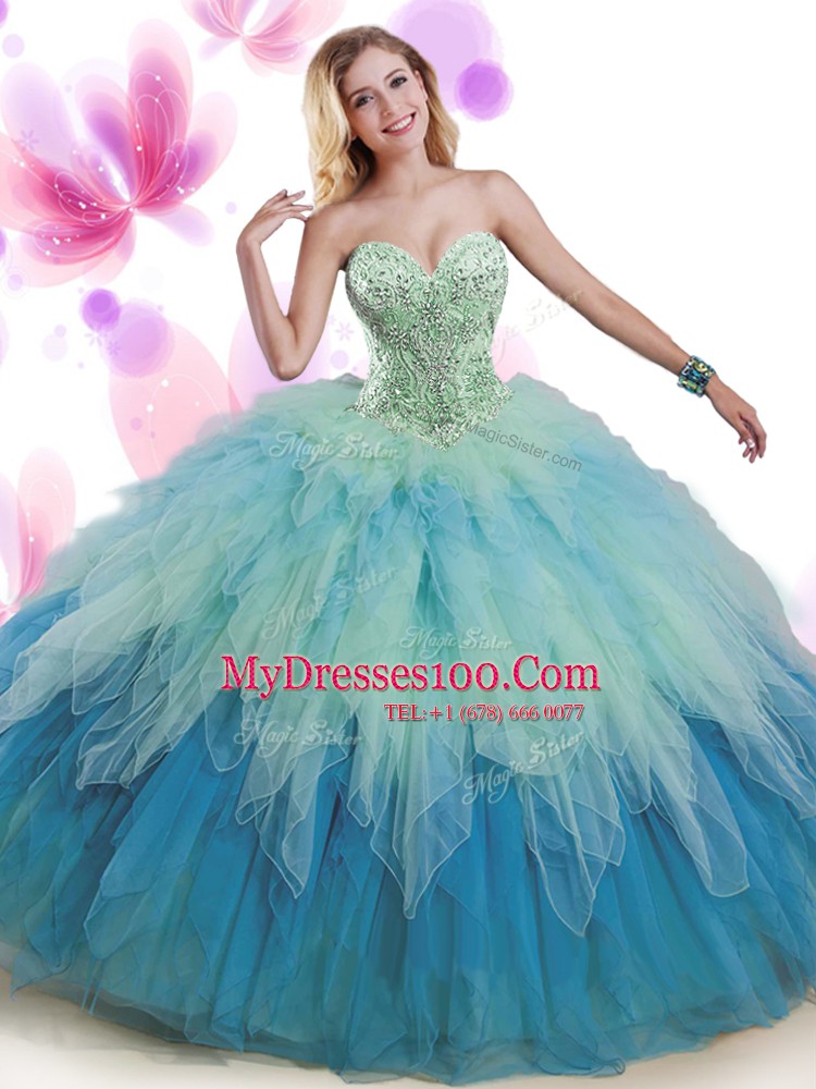 Multi-color Sleeveless Tulle Lace Up Quince Ball Gowns for Military Ball and Sweet 16 and Quinceanera
