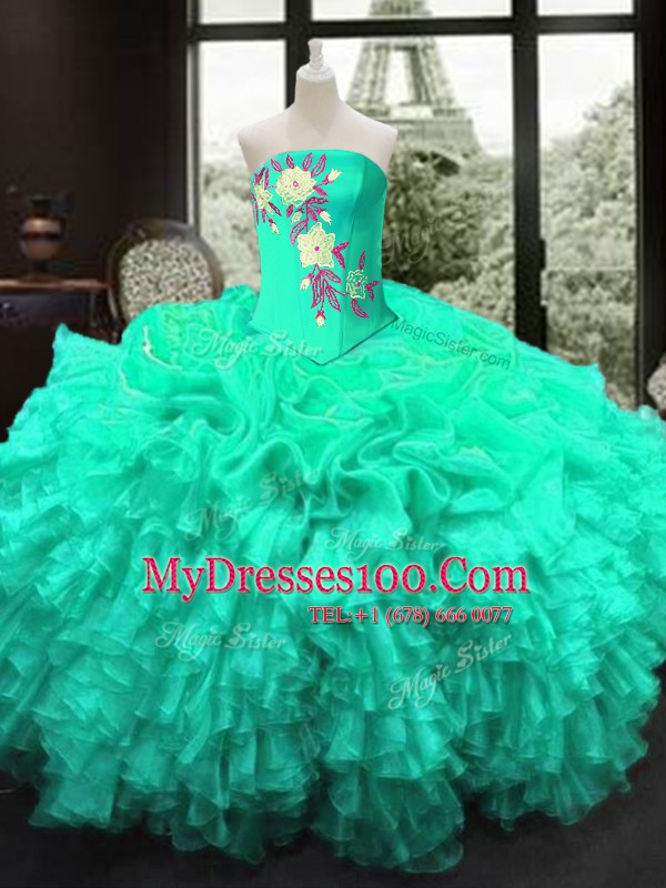 Elegant Strapless Sleeveless Lace Up Vestidos de Quinceanera Turquoise Organza