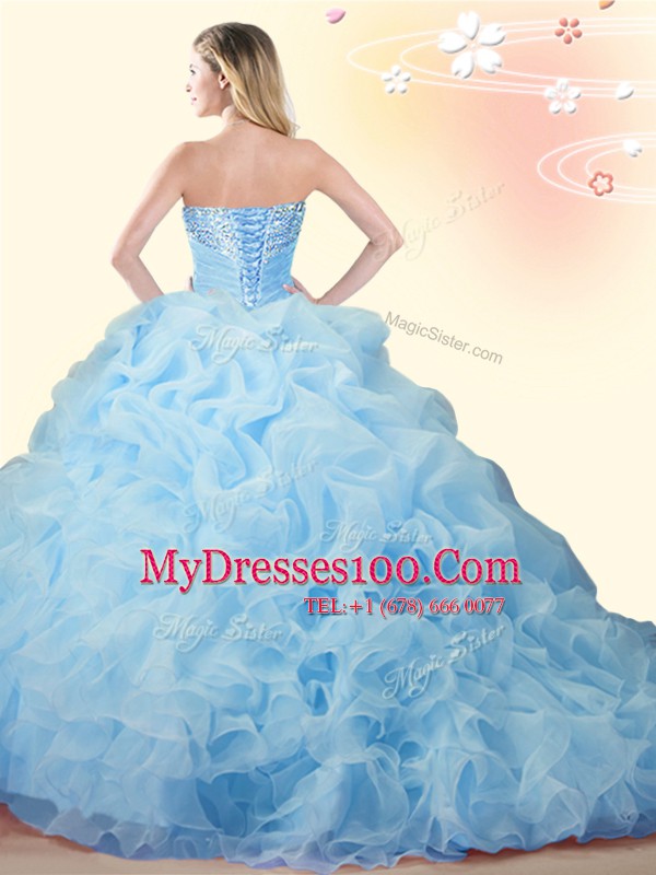 Baby Blue Ball Gowns Sweetheart Sleeveless Organza With Brush Train Lace Up Beading and Ruffles and Pick Ups 15 Quinceanera Dress