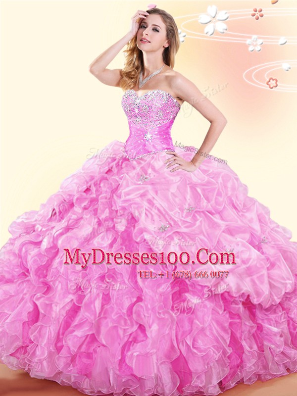Rose Pink Organza Lace Up Sweetheart Sleeveless Floor Length Quinceanera Dress Beading and Ruffles and Pick Ups