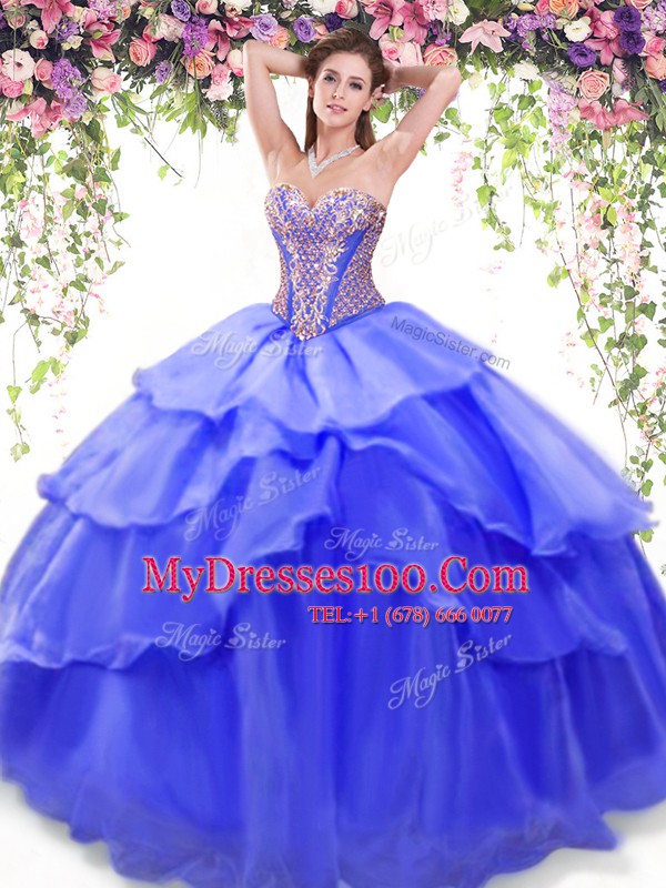 Fashion Blue Sweetheart Lace Up Beading and Ruffled Layers Ball Gown Prom Dress Sleeveless
