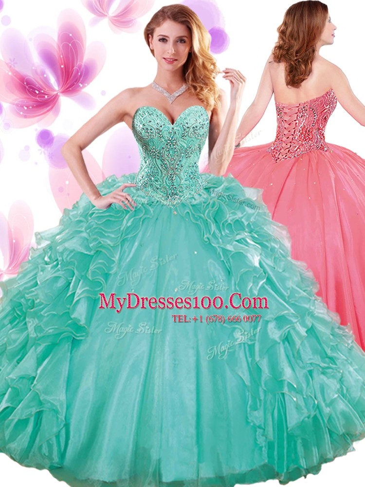 Sophisticated Pick Ups Sweetheart Sleeveless Lace Up Sweet 16 Quinceanera Dress Turquoise Organza