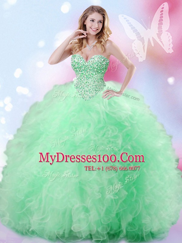 Stunning Beading and Ruffles 15 Quinceanera Dress Apple Green Lace Up Sleeveless Floor Length