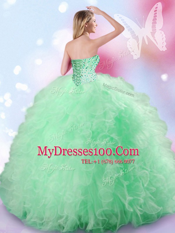 Stunning Beading and Ruffles 15 Quinceanera Dress Apple Green Lace Up Sleeveless Floor Length