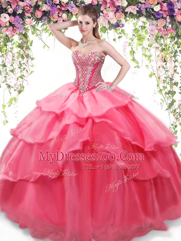 Noble Coral Red Ball Gowns Beading and Ruffled Layers Sweet 16 Dress Lace Up Organza Sleeveless Floor Length