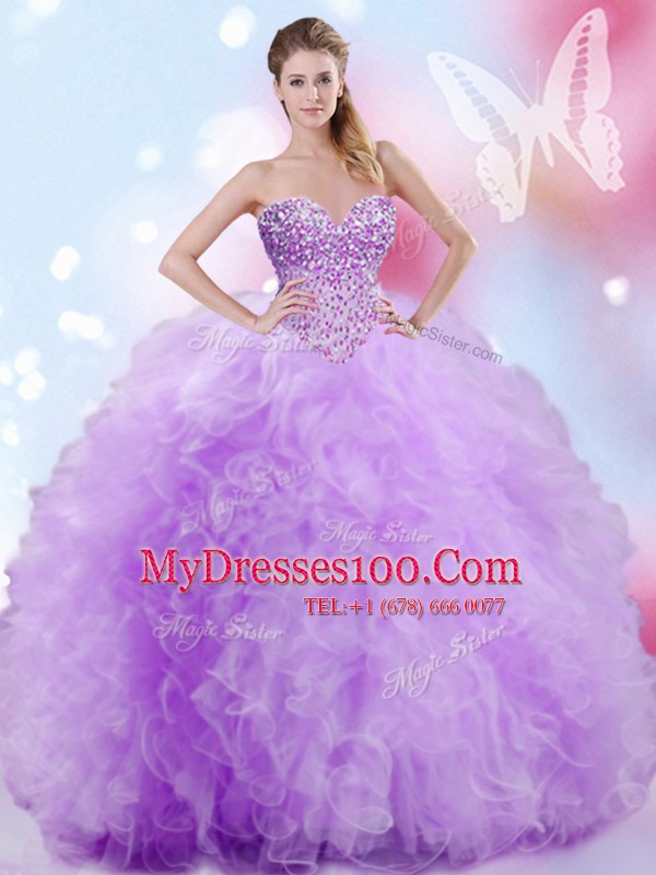 Custom Fit Sweetheart Sleeveless 15th Birthday Dress Floor Length Beading and Ruffles Lavender Tulle