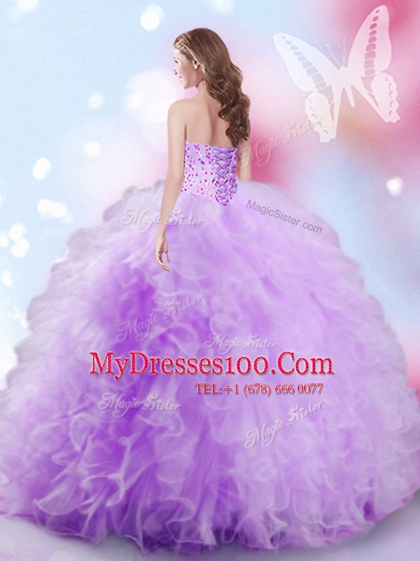 Custom Fit Sweetheart Sleeveless 15th Birthday Dress Floor Length Beading and Ruffles Lavender Tulle